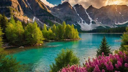 Panoramic view of Lake Louise, Banff National Park, Alberta, Canadaの写真素材
