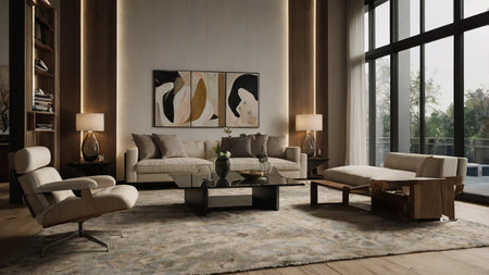Modern interior design living room 3d render image. Living room with brown sofa and wooden coffee...