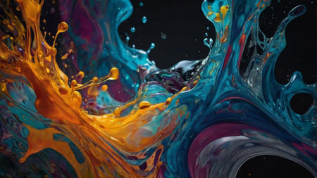 Colorful paint splashes isolated on black background. Acrylic paints mixing on waterの写真素材