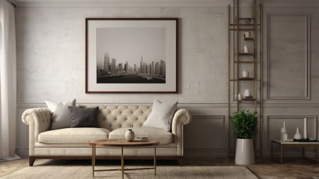 interior with sofa. 3d render illustration mock up poster frameの写真素材