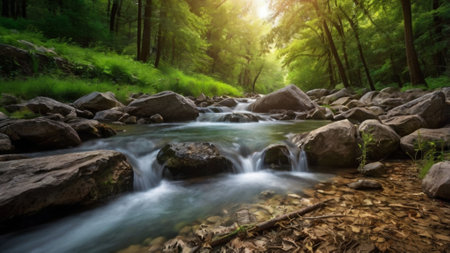 Mountain stream in the green forest. Nature landscape background. Long exposure.の写真素材