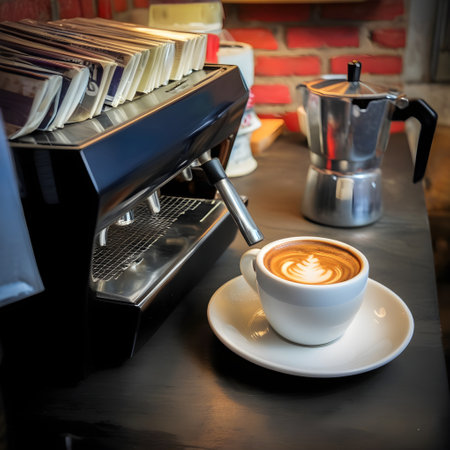 Coffee cup and coffee machine on table in coffee shop.の写真素材