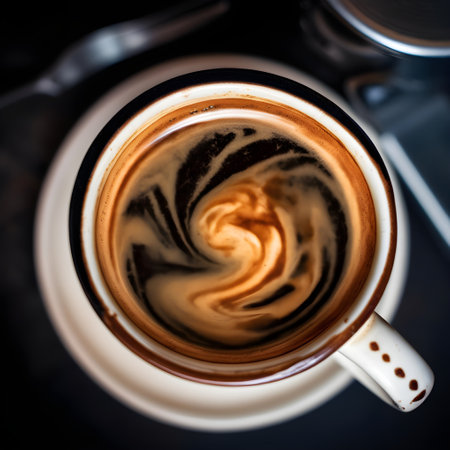 Coffee in a white cup on a black background, top viewの写真素材