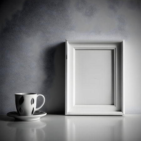 Cup of coffee and picture frame on gray wall. 3D renderingの写真素材