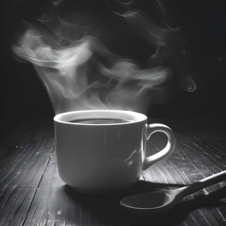 Coffee cup and steam on wooden table, black and white toneの写真素材