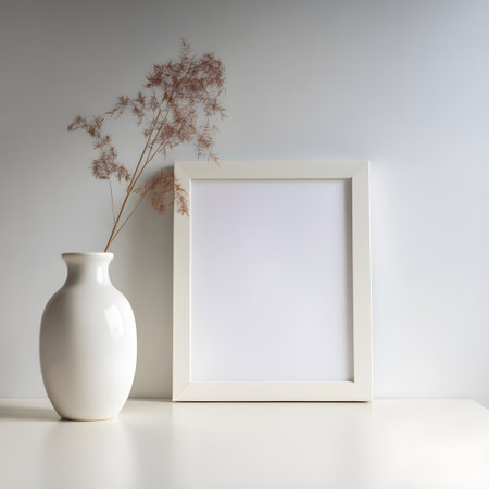 White frame mockup with dried flowers in vase on white backgroundの写真素材