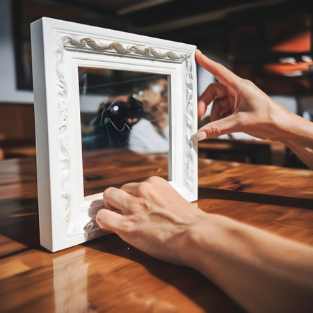 Woman's hands holding a white photo frame on a wooden table.の写真素材