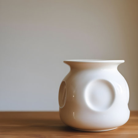 White ceramic vase on the wooden table. Shallow depth of fieldの写真素材