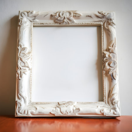 White picture frame on the wooden table, vintage style, copy spaceの写真素材