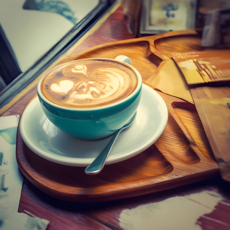Coffee cup on wooden table in coffee shop, stock photoの写真素材