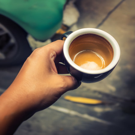 Coffee cup in hand,vintage color tone,selective focusの写真素材
