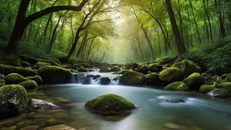 Stream in green forest. Spring landscape. Beauty in nature concept.
