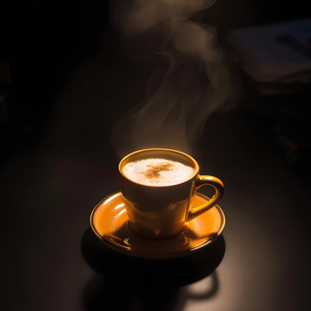 Cappuccino coffee cup with steam on a black background.の写真素材