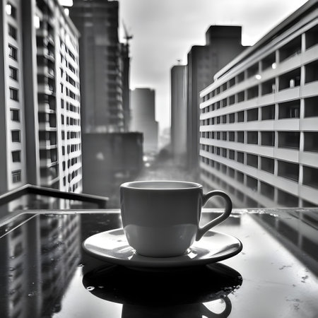 Coffee cup on the glass table with city view background.の写真素材
