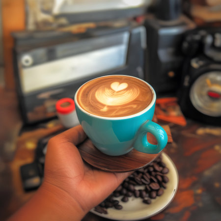 Coffee cup with latte art in coffee shop, vintage color toneの写真素材