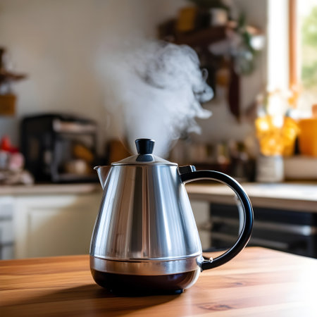 Teapot with steam on the wooden table in the kitchen.の写真素材