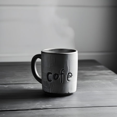 Coffee cup on the wooden table, black and white toneの写真素材