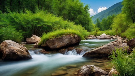 Mountain river flowing through the green forest. Beautiful landscape with a mountain river.