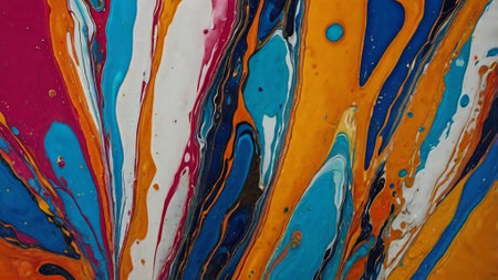 Abstract background of acrylic paint in blue, orange and white tones. Liquid marble pattern.