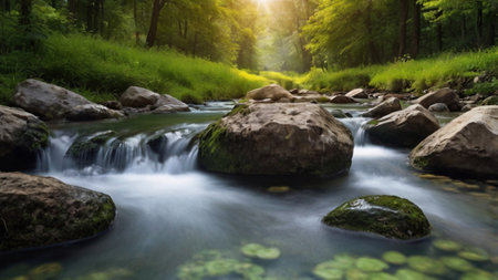 Long exposure of a waterfall in a green forest with rocks and plantsの写真素材