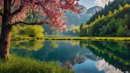 Beautiful spring landscape with blooming sakura tree and lake in mountainsの写真素材