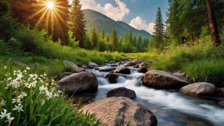 Mountain stream in the forest at sunset. Beautiful spring landscape.の写真素材