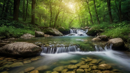 Waterfall in the green forest. Panoramic view of a waterfall in the forest.の写真素材