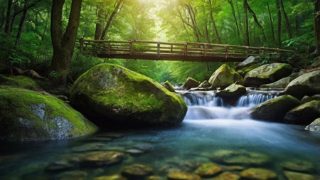 Waterfall in the green forest with wooden bridge, Nature background.の写真素材