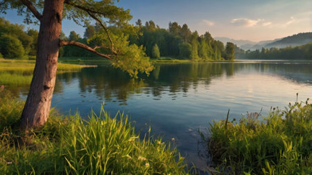 Beautiful summer landscape with lake and trees at sunset. Beautiful nature background.の写真素材