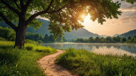 Beautiful summer landscape with a river and a tree in the foregroundの写真素材