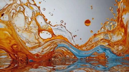 splashes of orange and blue liquid on a white background close-up