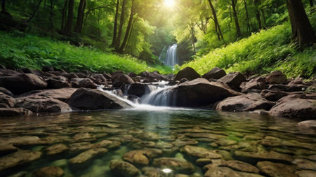 waterfall in the green forest, beautiful nature scene with long exposure