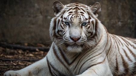 White tiger lying down on the ground and looking into the camera.の写真素材