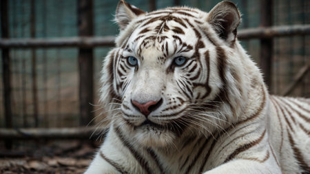 Close up of a white tiger with blue eyes in the zoo.の写真素材