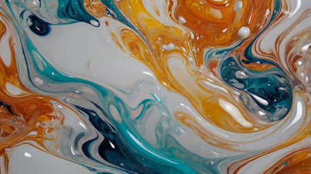 Abstract background of acrylic paint in blue, orange and white colors.