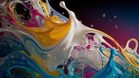 Colorful paint splashing isolated on black background. Abstract art.の写真素材