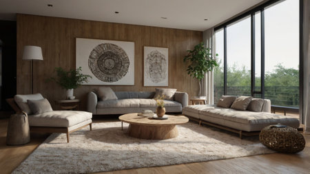 Modern living room interior design with sofa, coffee table and wall paintings. 3d rendering