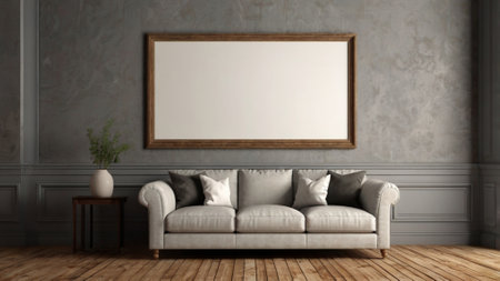 Interior of the living room with a sofa and a framed poster - rendering