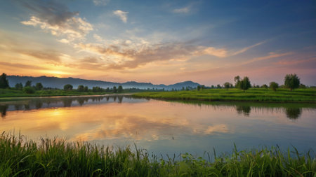 Landscape of rice field and lake in the evening,Thailand