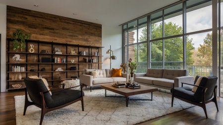 interior of luxury modern living room with wooden wall, panorama