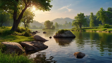 Beautiful landscape of river and green forest at sunrise, panoramaの写真素材