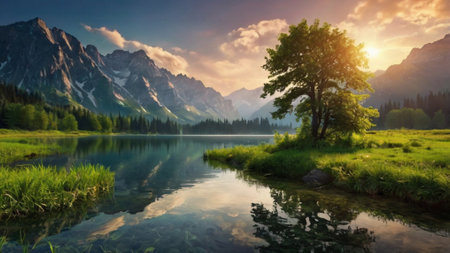 Mountain lake at sunset. Landscape with reflection of mountains in water.の写真素材