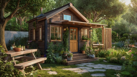 Wooden house in the garden. 3d rendering, 3d illustration.