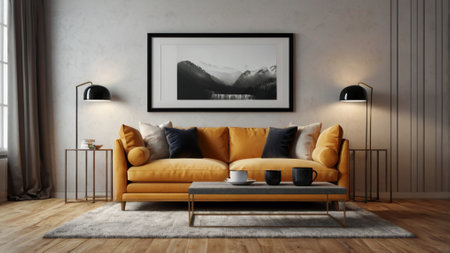Modern living room interior design with yellow sofa, coffee table and poster on wall. 3d rendering