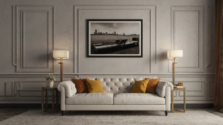 interior with sofa, lamp and picture on wall. 3d illustration