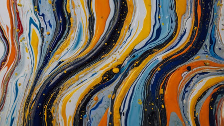 Abstract background of acrylic paint in blue, orange, yellow and black tonesの写真素材