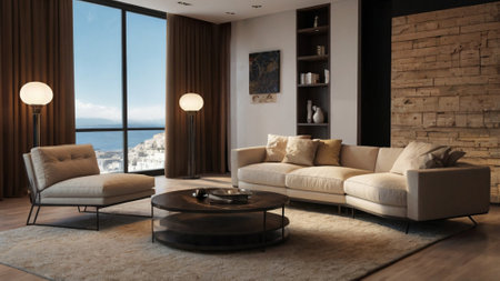 Modern living room with sea view. 3d rendering mock up.