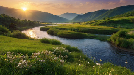 Beautiful summer landscape with river and mountains in the background at sunsetの写真素材