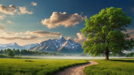 Panoramic view of the meadow with a tree and mountains in the background