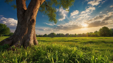 Beautiful summer landscape with a tree and a meadow at sunsetの写真素材